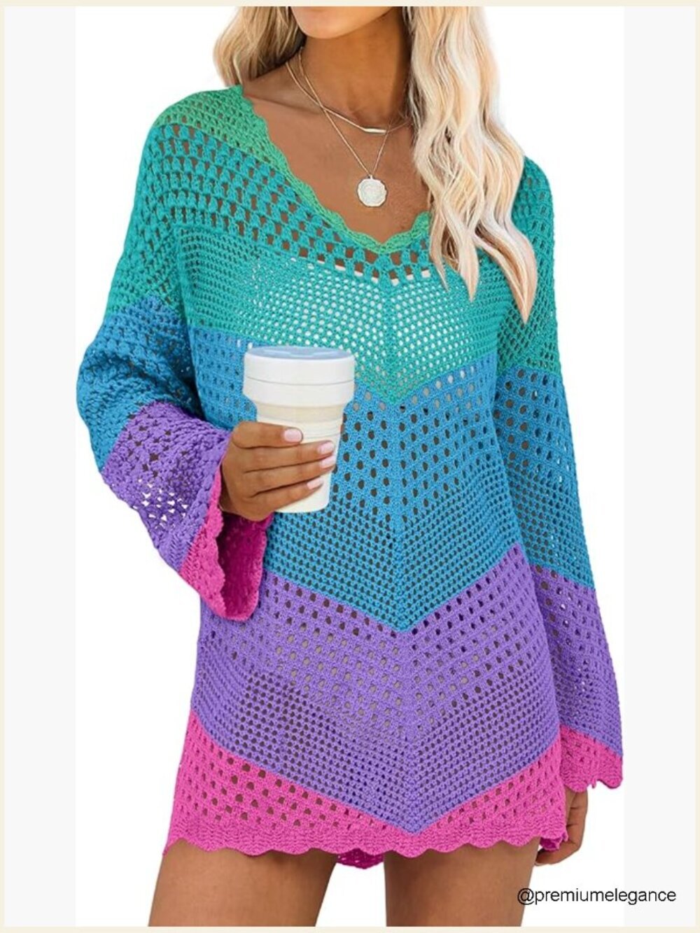 Women's Crochet Mesh Knit V-Neck Swimsuit Cover Up Dress